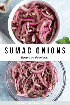 sliced onions in a white bowl with text overlay that reads, sumac onions easy and delicious