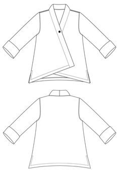 the front and back views of a women's shirt with long sleeves, collared neck