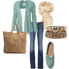 aqua & neutral Teal Cardigan, Beige Scarf, Canvas Flats, Cardigan Beige, Clothing Casual, Pretty Colors, Jeans White, Jeans Color, White Tank