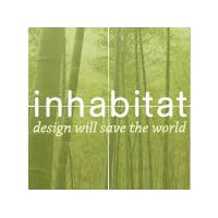 an image of the words inhabatat with trees and grass behind it that says, design will save the world