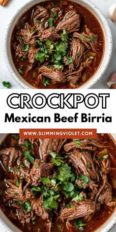 crockpot mexican beef burrito soup in a white bowl with cilantro and parsley