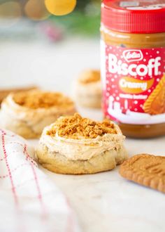 some cookies and peanut butter on a table