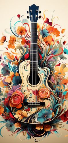 an abstract guitar with flowers and swirls on it