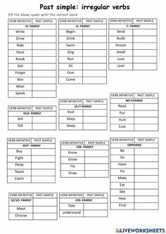 the past simple irregular verbs worksheet is shown in black and white,