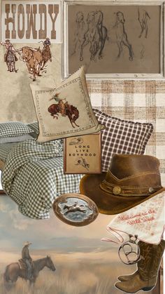 a collage of cowboy themed items including hats, pillows, and other things on display