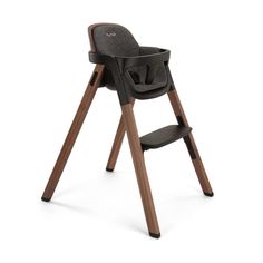 a high chair with wooden legs and black fabric seat, on an isolated white background