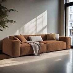 a couch sitting in front of a window next to a potted plant