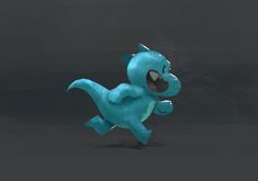 a blue cartoon animal running across a black background with its mouth open and tongue out