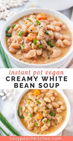 two bowls filled with creamy white bean soup