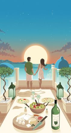 a man and woman are standing on a balcony overlooking the ocean with food, drinks and wine