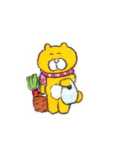 a drawing of a teddy bear holding a cactus