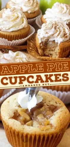 apple pie cupcakes with whipped cream on top and an image of apples in the background