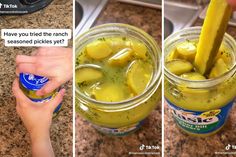 two pictures showing how to make pickles in jars