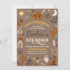 a birthday party card with an image of cowboy themed items on the front and back