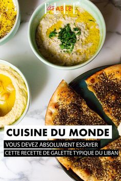 four different types of food in bowls on a marble counter top with the words cuisine du monde above them