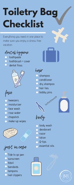 a blue poster with the words toiletry bag checklist on it