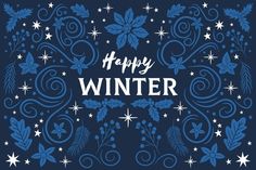 happy winter card with snowflakes, stars and swirls on a dark blue background