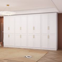 an empty room with white cupboards and carpeted flooring on the ground, in front of a brown wall