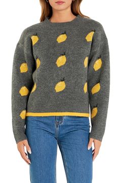 When life gives you lemons, this cheery crewneck sweater will brighten your day. Crewneck Long sleeves Ribbed cuffs and hem 72% acrylic, 25% nylon, 3% spandex Hand wash, dry flat Imported English Factory, Nordstrom Store, Crewneck Sweater, Brighten Your Day, Crew Neck Sweater, Lemon, Hand Wash, Nordstrom, Long Sleeves