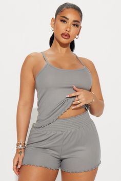 Available In Brown And Charcoal. 2 Piece PJ Set Ribbed Crop Top Adjustable Spaghetti Straps Lettuce Hem Detail Matching Short Elastic Waistband Full Stretch Final Sale 95% Polyester 5% Spandex. Imported | Sunday Morning Ribbed PJ Short Set in Charcoal size XL by Fashion Nova Cute Plus Size Outfits, Pajama Short Set, Pajama Short, Stephanie Rao, Satin Romper, Pajama Fashion, Gal Gadot Wonder Woman, Cute Plus Size, Pj Shorts