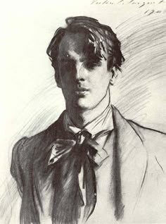 a black and white drawing of a man with a bow tie