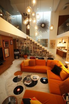 a living room filled with lots of orange furniture