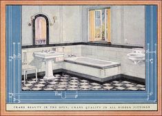 an old fashioned bathroom is shown in blue and white