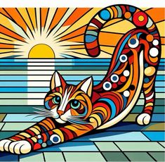 a painting of a cat laying on the ground in front of a sun and sky