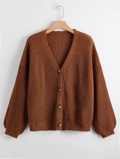 Rust Brown Casual  Long Sleeve Acrylic Plain Cardigan Embellished Slight Stretch Spring/Fall Plus Size Knitwear Plain Cardigan, Shoulder Cardigan, Cardigan Plus Size, Shein Sweater, The Cardigans, Drop Shoulder Cardigan, Comfy Jumpsuits, Stylish Fall Outfits, Áo Len Cardigan