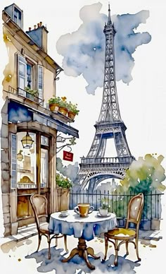 the eiffel tower in paris is painted with watercolors