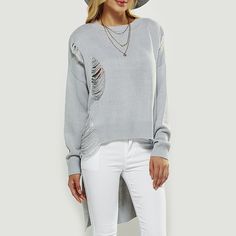 Asymmetrical Ripped Sweater - Light Gray - 2E04196812 - Women's Clothing  #WomensClothing #Women's #Clothing Shredded Sweater, Destroyed Sweater, Cute Oversized Sweaters, Ripped Sweater, Cheap Cardigans, Sweater Ideas, Asymmetrical Sweater, Distressed Sweaters, Latest Sweater