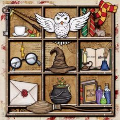 an owl is sitting on top of a shelf filled with harry's hat and other items