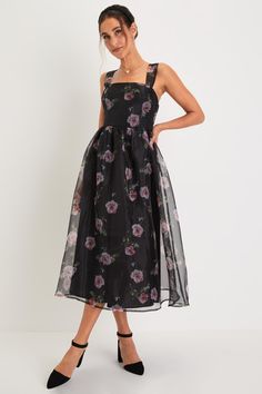 No matter the event, you'll turn the charm up to ten when you wear the Lulus Adorable Appeal Black Floral Organza Lace-Up Midi Dress! Airy woven organza, with a subtle sheen and a darling floral print throughout, shapes wide tank straps, and a seamed bodice with hidden side boning. Turn around to reveal an open back that features a flirty lace-up detail. Fitted, gathered waist creates a voluminous effect, atop a flaring skirt that ends at a midi hem. Elastic at back for fit. Hidden back zipper/c Businesses Casual, Black Floral Print Dress, Organza Lace, Wedding Guest Style, Black Floral Print, Princess Dresses, Lulu Fashion, Dance Dress, 2024 Fashion