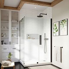 a bathroom with a walk in shower next to a toilet