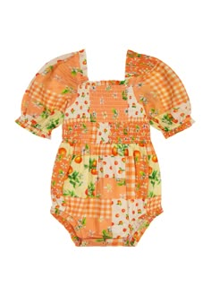 Orange Blossom Baby Romper - JessaKae Cotton Fitted Bubble Romper With Smocked Back, Spring Playful Bubble Romper With Smocked Bodice, Playful Bubble Romper With Smocked Bodice For Spring, Spring Bubble Romper With Smocked Bodice, Spring Cotton Bubble Romper With Smocked Cuffs, Spring Bubble Romper With Smock Detail, Spring Fitted Smocked Bubble Romper, Spring Fitted Smock Bubble Romper, Spring Bubble Romper With Smock For Playtime