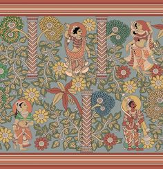 Kalamkari Border, Exterior Wall Art, Kalamkari Prints, Phad Painting, Mughal Art Paintings, Beautiful Flower Drawings, Abstract Wall Painting