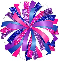 a pink, blue and purple cheer bow with glitters on the top is shown