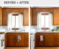 before and after photos of a kitchen with wood cabinets, white counter tops, and wooden floors