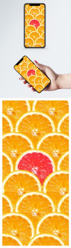 an image of orange slices being held by a cell phone with the screen partially open