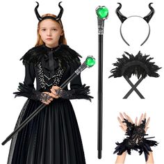 PRICES MAY VARY. Maleficent accessories 4pcs: Lace feather gloves, horn headband, feather cape shawl and silver green ball magic wand Design: Inspired by a magical movie. These accessories allow you to freely match your clothes to create a mysterious and magical atmosphere Materials: The feather cape and gloves are made of delicate lace and soft feathers, making the whole costume gorgeous. The magic horns and staff are made of plastic, which is light and not easy to deform Size: Please check the Malificent Kids Costume, Maleficent Costume Girls, Diy Maleficent Staff, Girls Maleficent Costume, Maleficent Wings Diy, Maleficent Costume Diy Horns, Evil Queen Costume, Maleficent Horns, Raven Costume