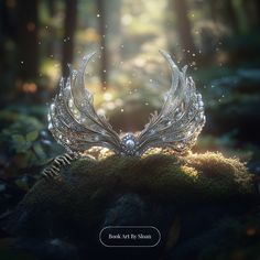 an artistic photo of a fairy's wings on top of moss in the woods