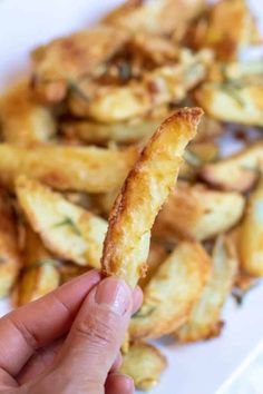 someone is holding up some fried food on a plate