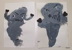 two paintings of gray monsters on white paper