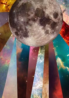 an image of the moon with many colors and stars in the background, as if it were taken from outer space