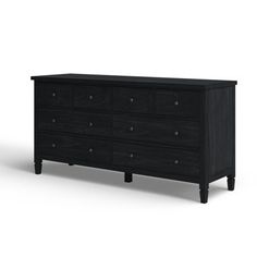 a black dresser with six drawers on one side and two doors at the other end