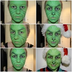 Step by step process of how i achieved this Grinch Makeup! 1. Cover whole face in green paint using a sponge and dabbing motion. Then using a black(or dark green) paint, start creating the wrinkles... Grinch Halloween, Dark Green Paint, Grinch Costumes, Grinch Christmas Party, Whoville Christmas, Makeup Pictorial