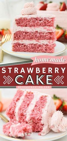 strawberry cake with white frosting and strawberries on top