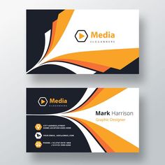 a business card with an orange and black design on the front, side and back