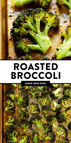 roasted broccoli with garlic and seasoning in a baking dish on a sheet pan