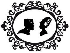 the silhouettes of two people are in a circular frame with an ornate border around them